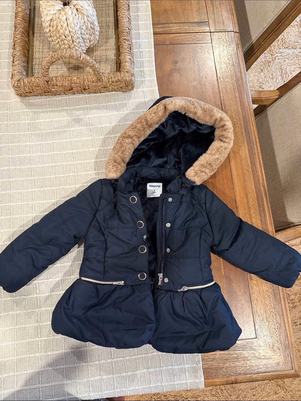 Mayoral Navy Girls Puffer Coat with Tan Faux-Fur Hood Trim
